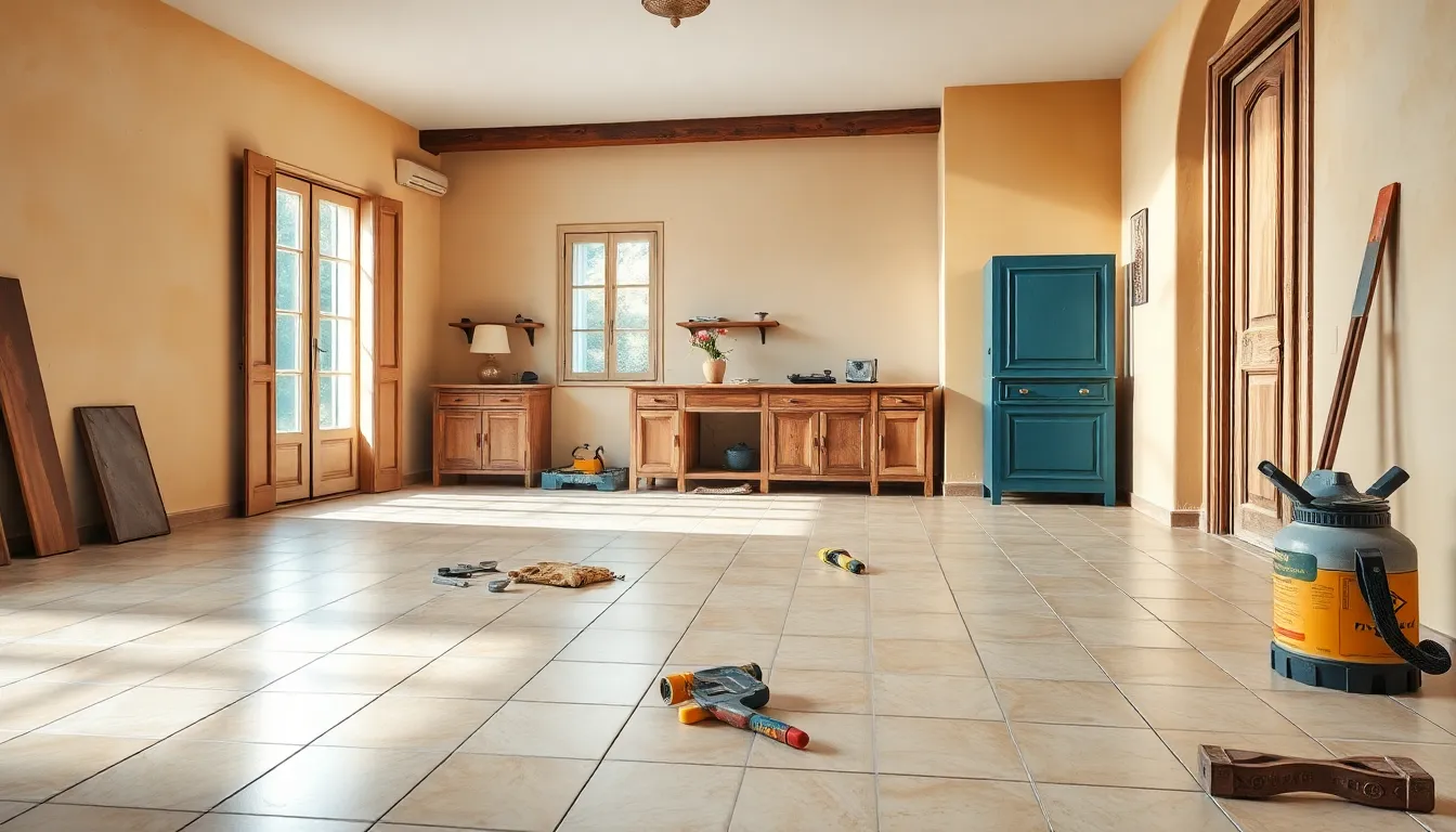 Pose de carrelage au sol en PACA avec outils et matériaux