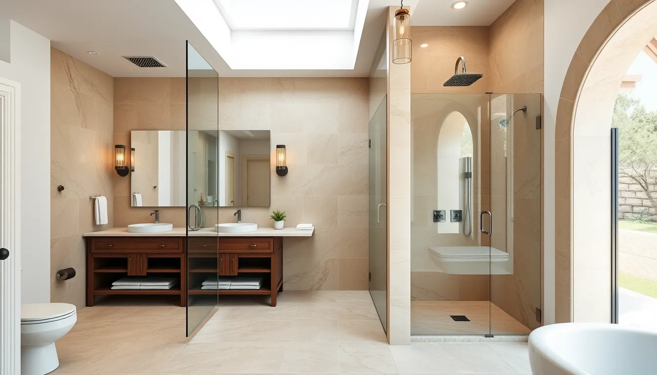 Salle de bain rénovée luxe en PACA avec carrelage en travertin
