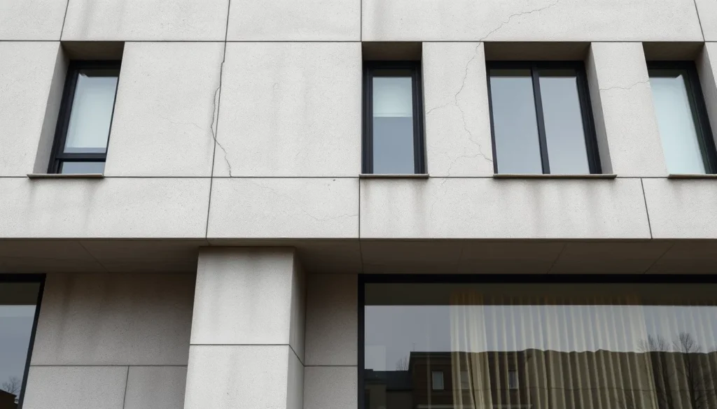Vue détaillée d'un bâtiment construit avec du béton biologique, montrant des zones de fissures auto-réparées.