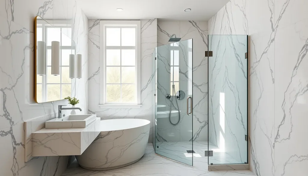 Salle de bains luxueuse rénovée dans le Golfe de Saint-Tropez avec marbre et douche à l'italienne