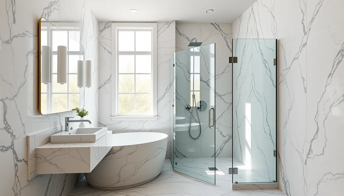 Salle de bains luxueuse rénovée dans le Golfe de Saint-Tropez avec marbre et douche à l'italienne