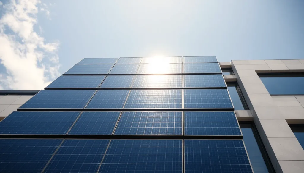 Façade de bâtiment recouverte de peinture solaire, illustrant les peintures solaires