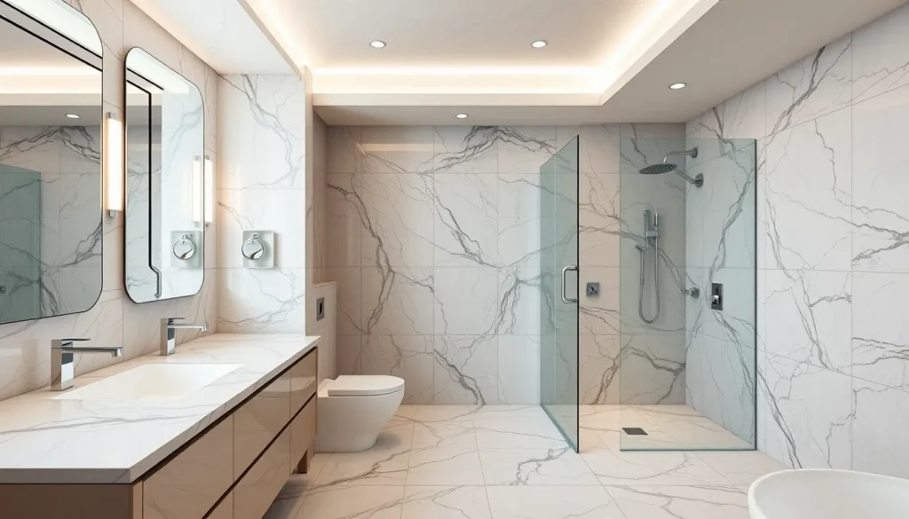 Salle de bains rénovée haut de gamme à Toulon, combinant marbre et travertin