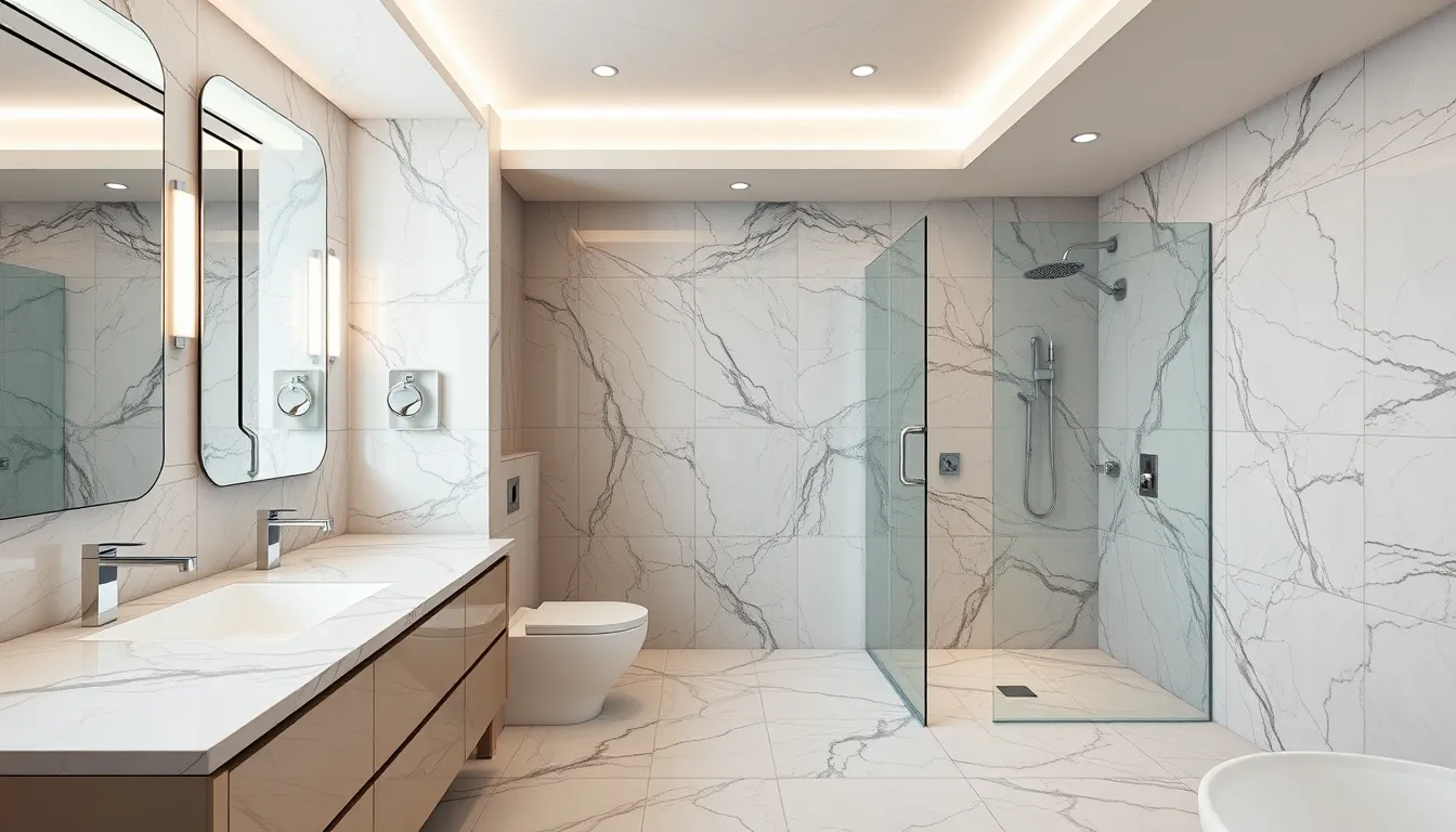 Salle de bains rénovée haut de gamme à Toulon, combinant marbre et travertin