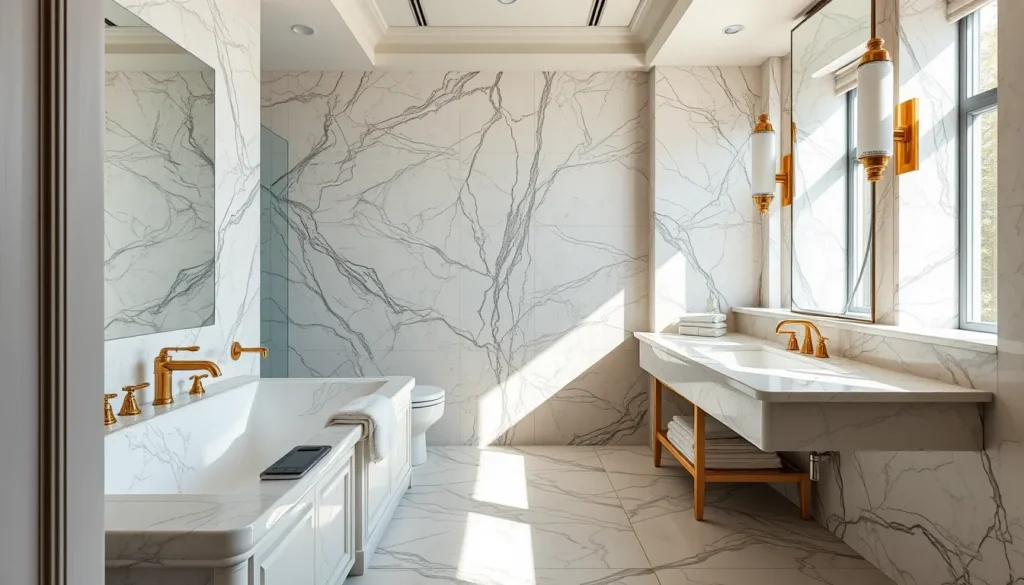 Salle de bains haut de gamme avec marbre et travertin dans le Golfe de Saint-Tropez