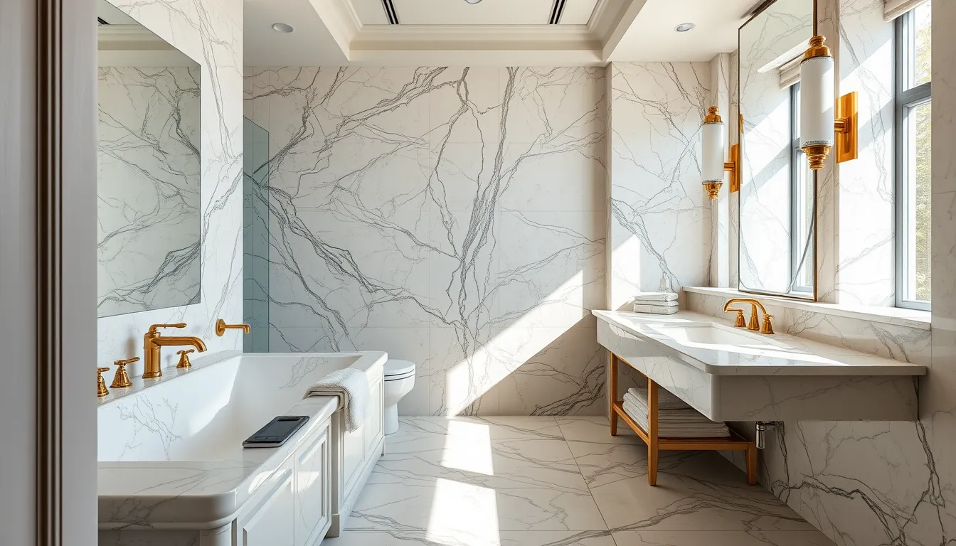 Salle de bains haut de gamme avec marbre et travertin dans le Golfe de Saint-Tropez