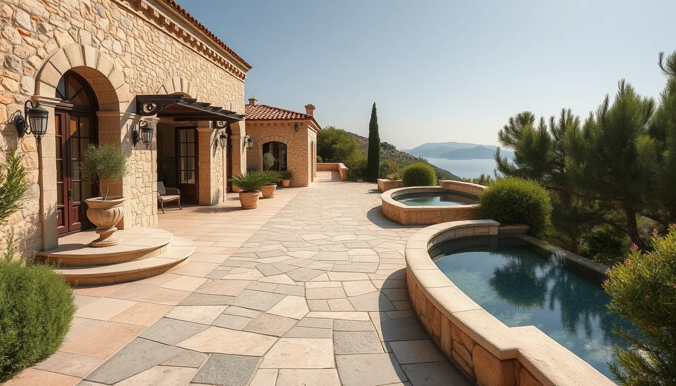 Terrasse en pierre naturelle d'une villa à Ramatuelle, moderne et luxueuse