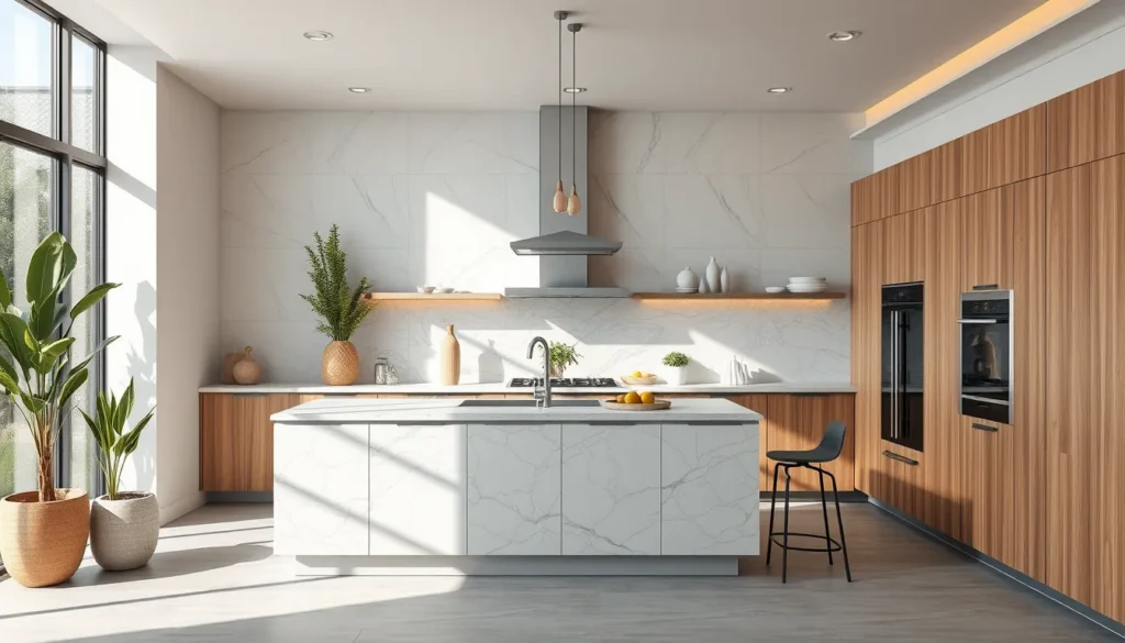 Matériaux haut de gamme pour cuisine moderne avec pierre et bois