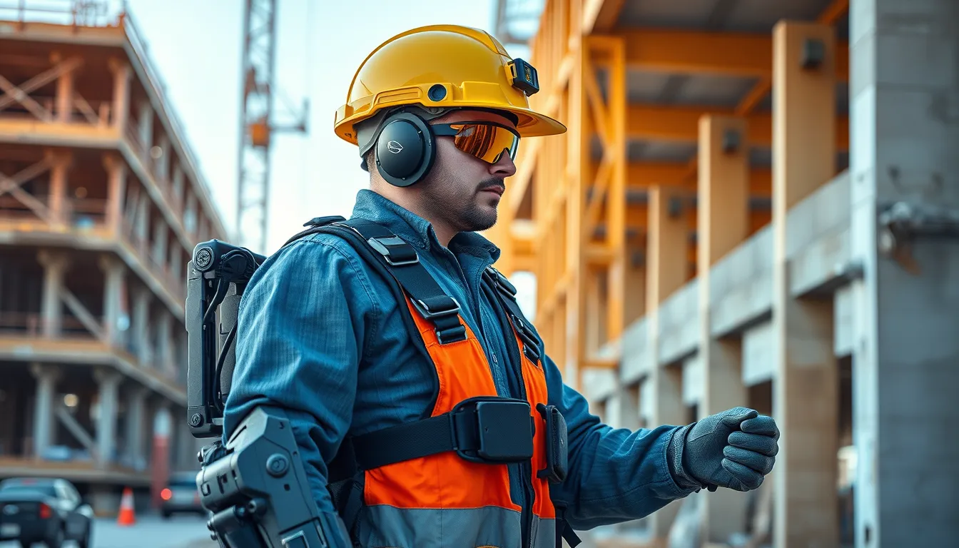 Ouvrier utilisant un exosquelette sur un chantier de construction