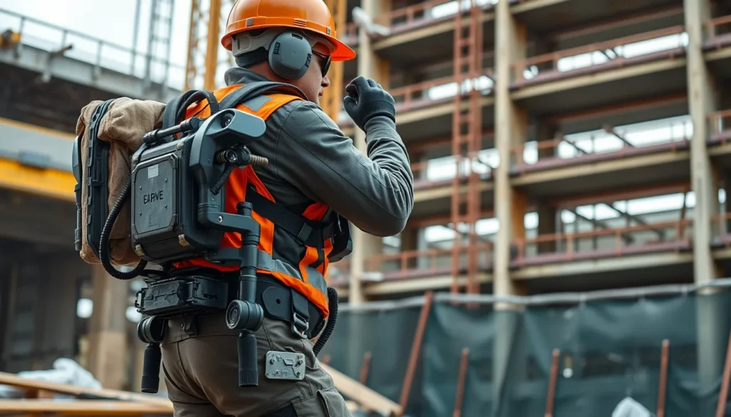 Exosquelette utilisé sur un chantier de construction pour améliorer la sécurité