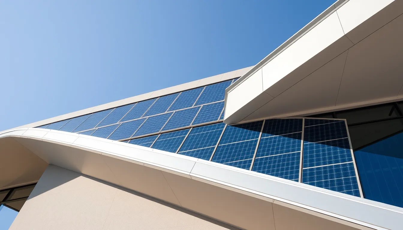 Façade de bâtiment moderne avec panneaux solaires intégrés, démontrant l'impact des façades photovoltaïques.