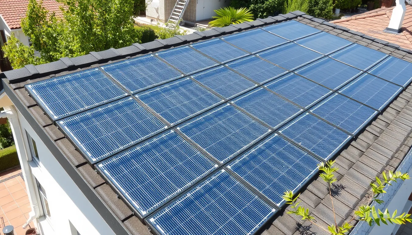 Tuiles solaires transparentes sur un toit moderne, intégrées esthétiquement.