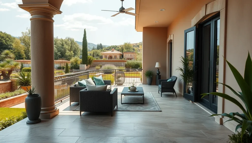 Terrasse moderne avec revêtement en travertin au soleil