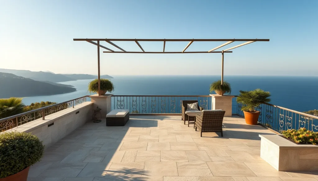 terrasse en travertin moderne avec vue sur la mer dans le Var
